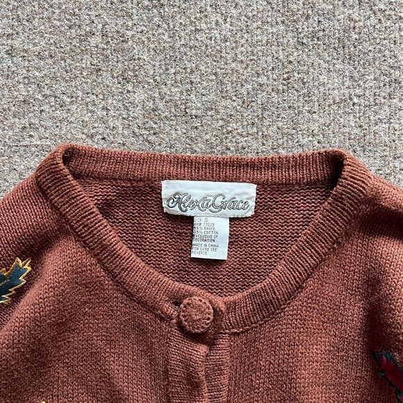 Vintage Alexa Grace Brown Leaves Cardigan Sweater Fall Autumn Grannycore Size S - Picture 3 of 12